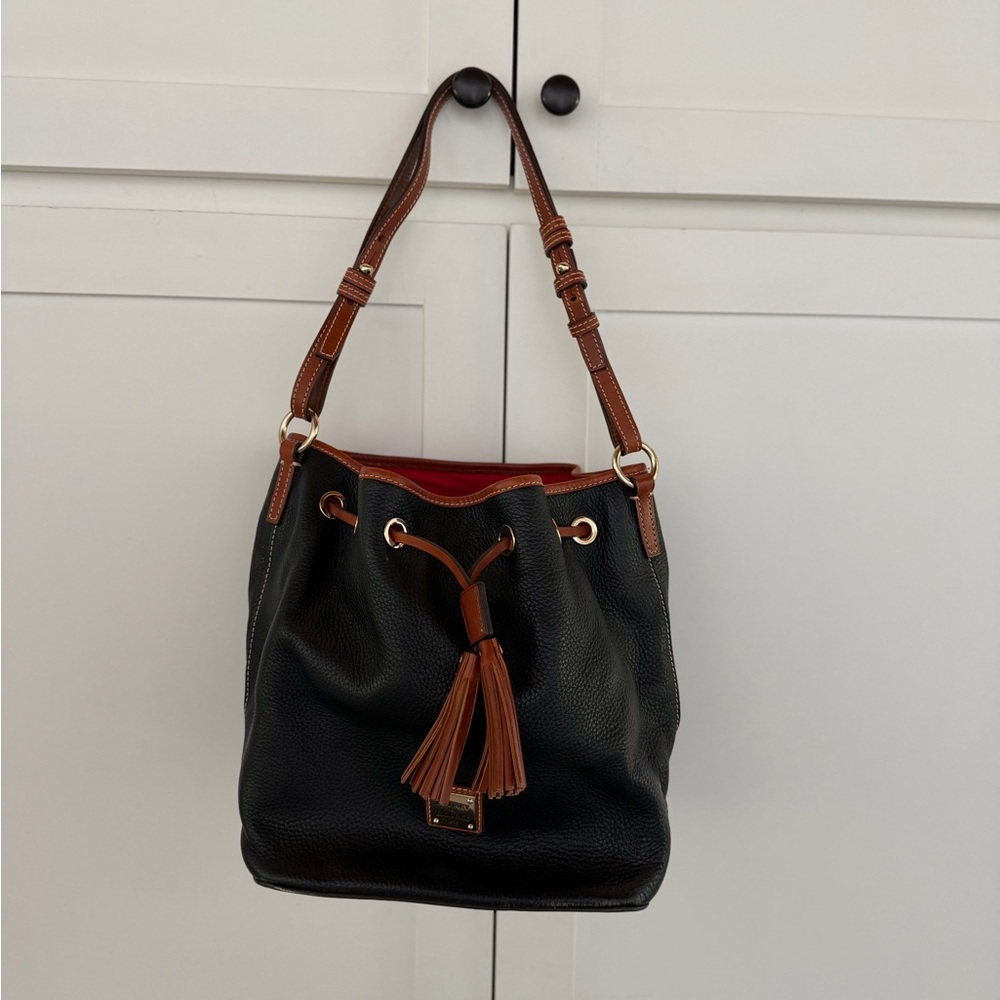Black & Brown Leather Drawstring Bucket Bag with Tassel